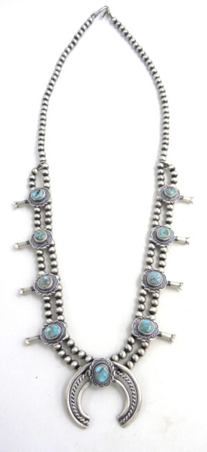 Navajo Dry Creek Turquoise and Sterling Silver Squash Blossom Necklace and Earring Set