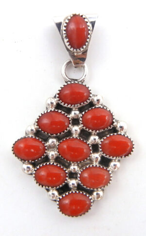 Navajo coral and sterling silver diamond shaped pendant by Pearlene Spencer