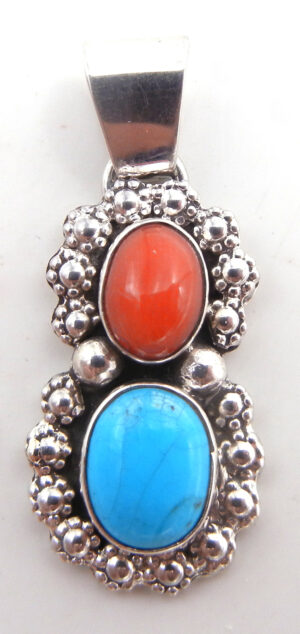 Navajo small turquoise, coral and sterling silver pendant