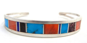 Navajo multi-stone and sterling silver channel inlay cuff bracelet