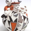 Acoma small polychrome handmade and hand painted jar with boy, cat, birds and ladybug by Judy Lewis