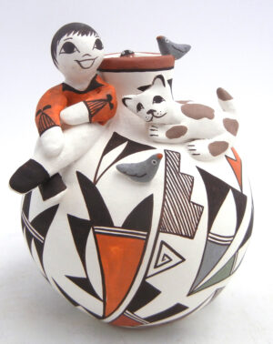 Acoma small polychrome handmade and hand painted jar with boy, cat, birds and ladybug by Judy Lewis