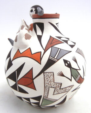 Acoma Judy Lewis Small Polychrome Handmade and Hand Painted Jar with Boy and Animals