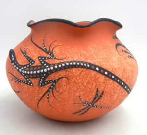 Zuni handmade and hand painted three dimensional lizard bowl with scalloped rim by Deldrick Cellicion