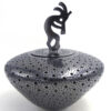 Mata Ortiz polished black dotted jar with kokopelli lid by Mariano Quezada
