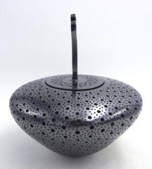 Mata Ortiz Mariano Quezada Handmade Polished Black Dotted Jar with Kokopelli Lid