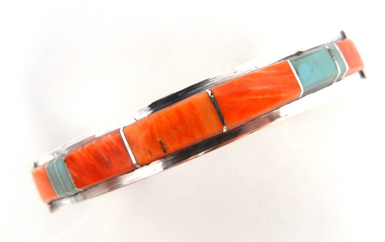 Navajo orange spiny, turquoise and sterling silver channel inlay cuff bracelet by Kyle Yellowhair