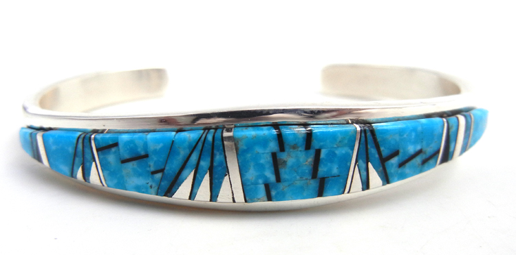 Navajo turquoise, sterling silver and jet inlay cuff bracelet by Michelle Willie