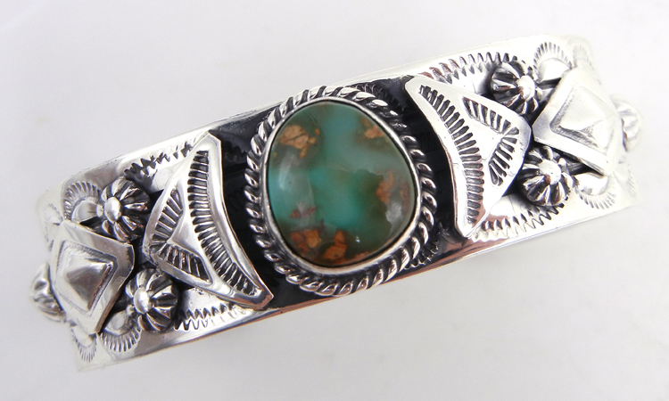 Navajo green turquoise and sterling silver applique cuff bracelet by Will Denetdale