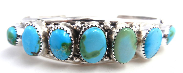 Navajo turquoise and sterling silver row cuff bracelet by Mike Thomas Jr