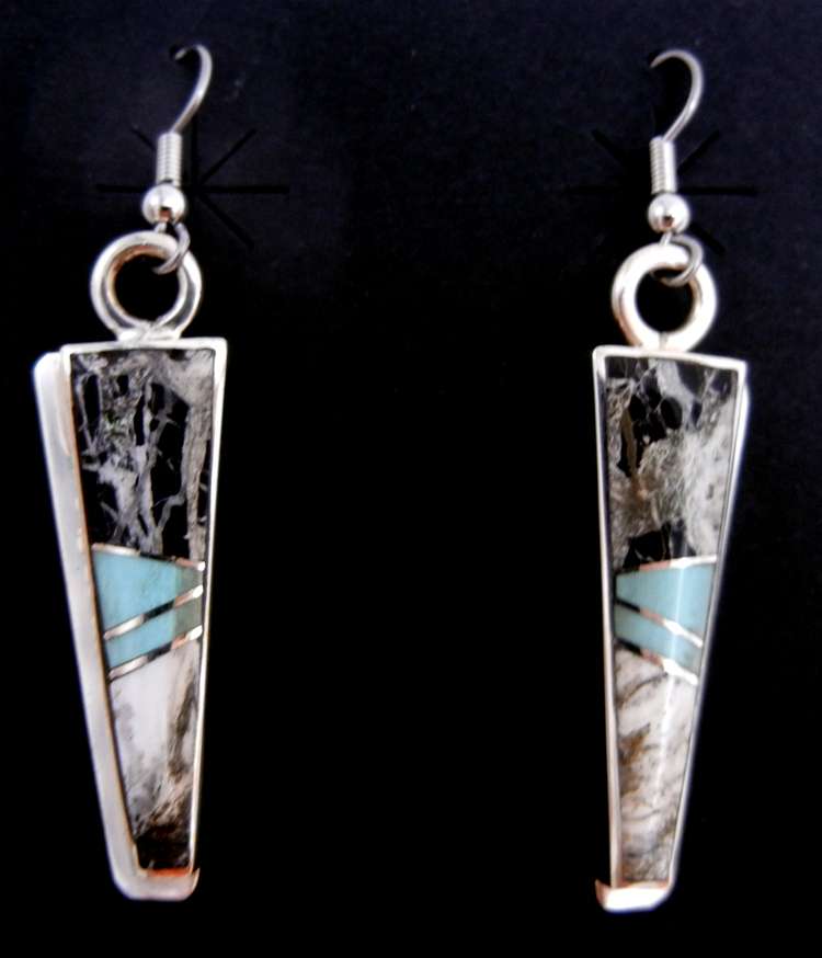 Navajo White Buffalo, turquoise and sterling silver inlay earrings by Kyle Yellowhair