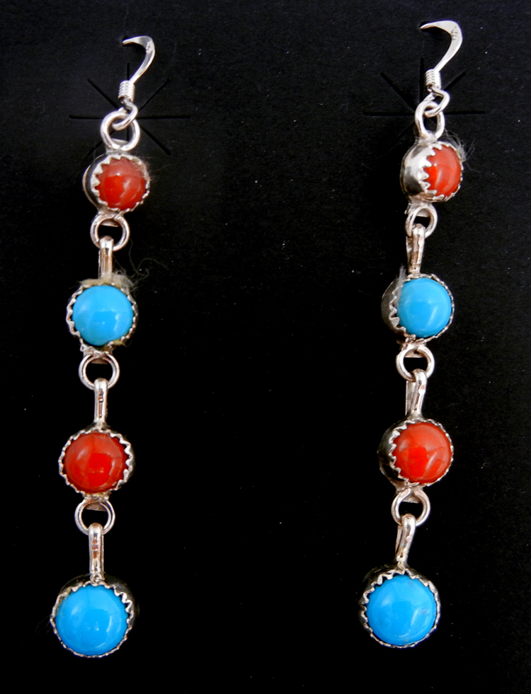 Navajo turquoise, coral and sterling silver four stone dangle earrings