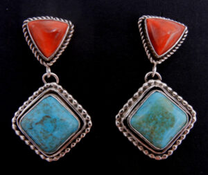 Navajo red spiny oyster, turquoise and sterling silver post dangle earrings by Art Platero