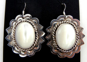 Navajo white mother of pearl and sterling silver dangle earrings by Leonard and Racquel Hurley