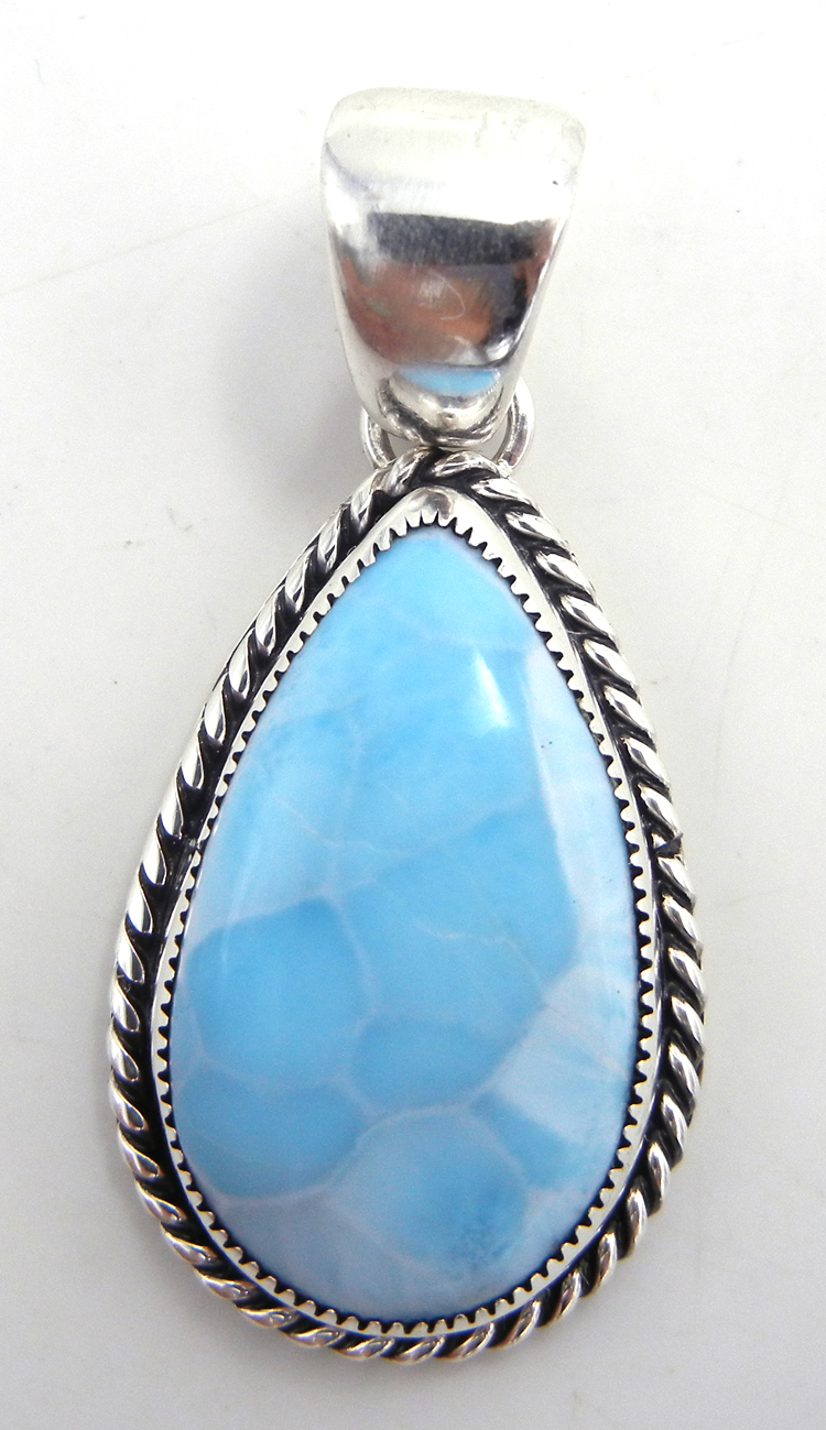 Navajo tear drop shaped larimar and sterling silver pendant