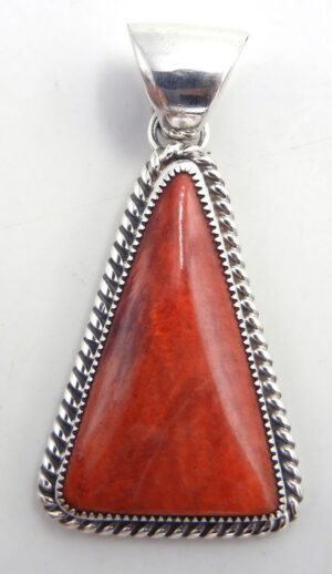 Navajo triangular red spiny oyster shell and sterling silver pendant