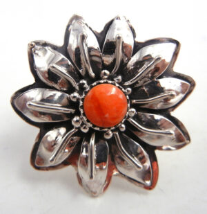 Navajo sterling silver and orange spiny oyster flower ring by Sandra Parkett