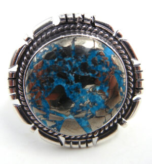 Navajo round turquoise and sterling silver ring with pyrite by Will Denetdale