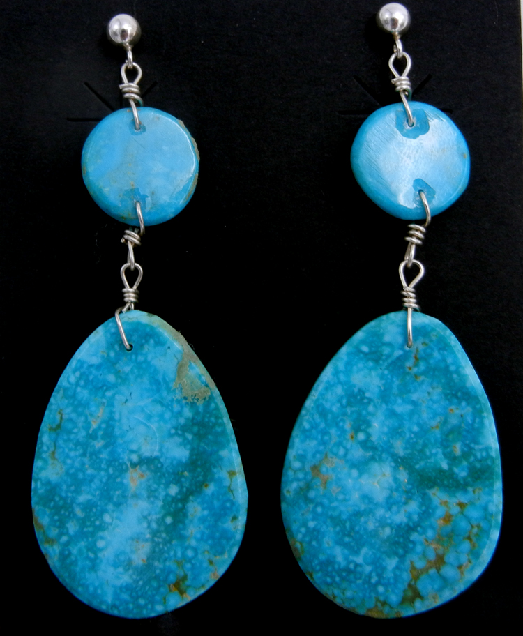 Santo Domingo double turquoise slab post dangle earrings by Ronald Chavez