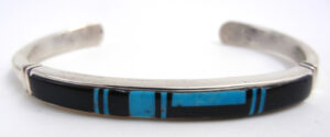 Zuni turquoise, jet and sterling silver inlay cuff bracelet