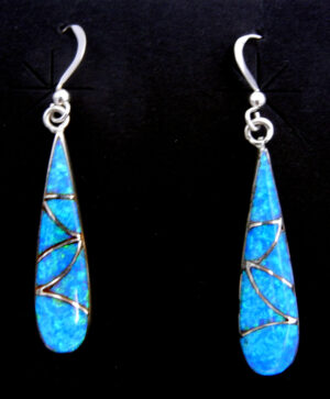 Zuni blue lab opal and sterling silver inlay dangle earrings by Orlinda Natewa