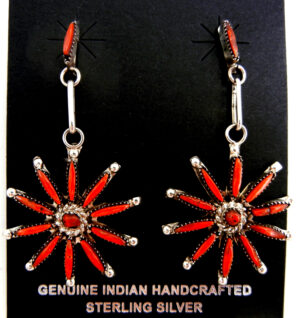 Zuni coral needlepoint and sterling silver starburst post dangle earrings