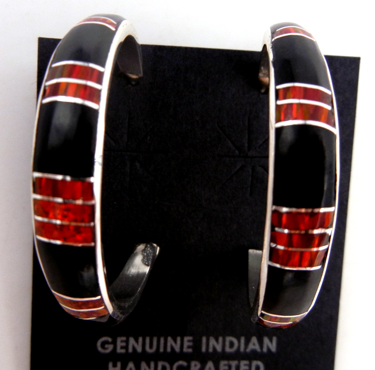 Zuni jet, red lab opal and sterling silver channel inlay hoop post earrings