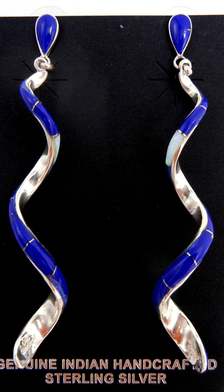 Zuni lapis, white lab opal and sterling silver channel inlay spiral post dangle earrings