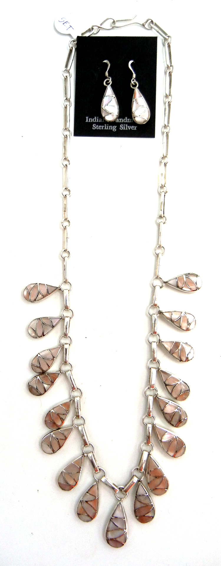 Zuni pink mussel shell and sterling silver fish scale inlay necklace and earring set by Orlinda Natewa