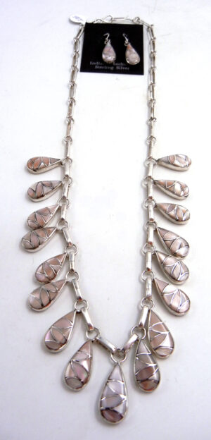 Zuni Orlinda Natewa Pink Mussel Shell and Sterling Silver Fish Scale Inlay Necklace and Earring Set