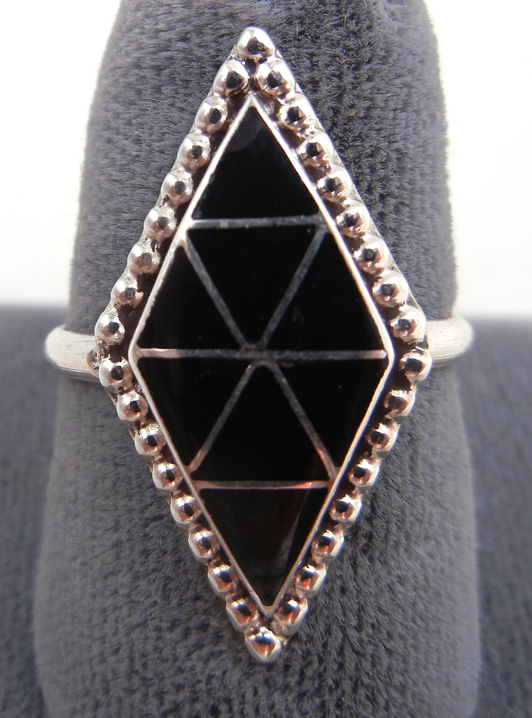 Zuni jet and sterling silver inlay diamond shaped ring