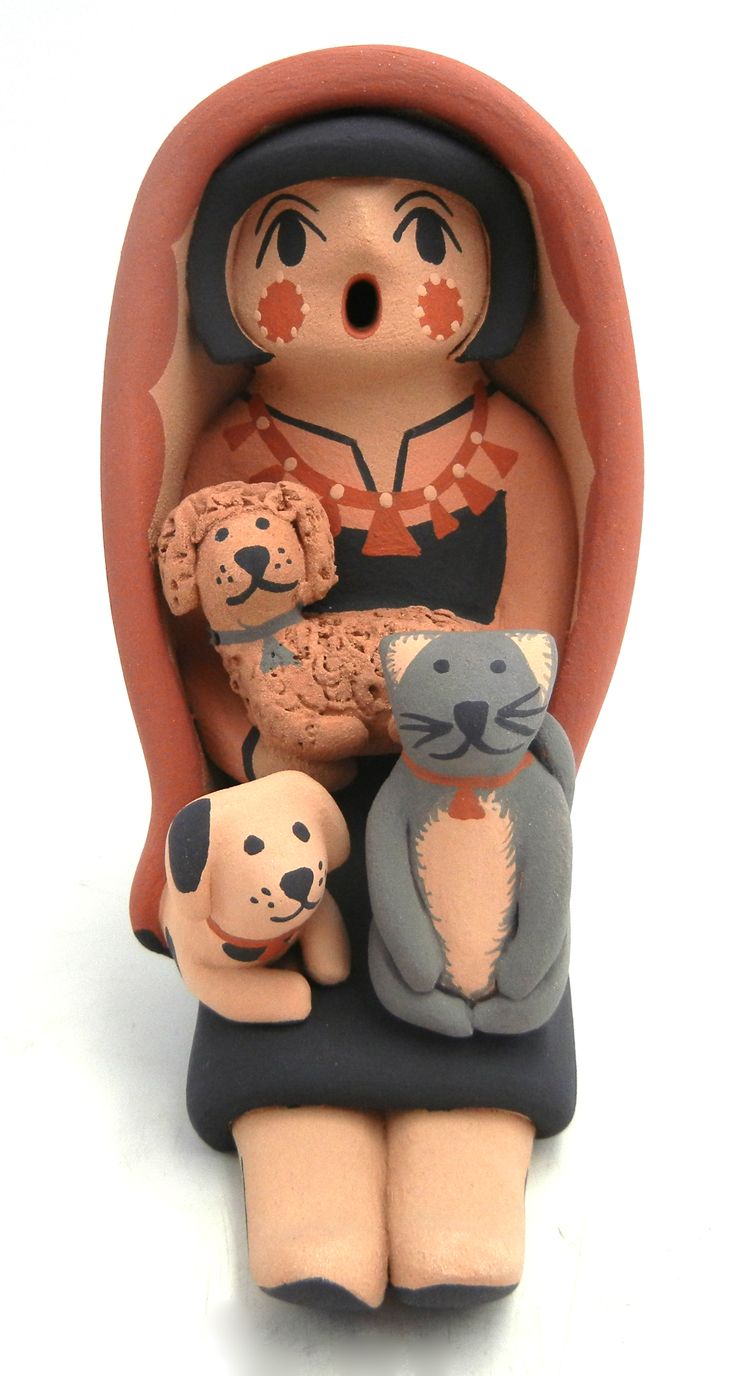 Jemez seated storyteller figurine with two dogs and cat by Chrislyn Fragua