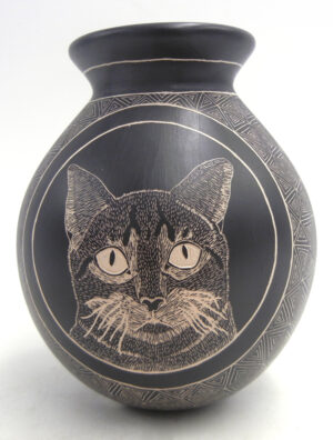 Mata Ortiz Mariela Tena Small Handmade and Etched Black and White Dog and Cat Jar