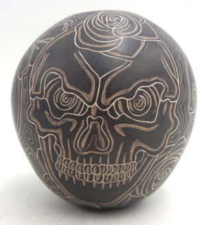 Mata Ortiz Jose A Handmade and Etched Black and Buff Skull and Flower Pattern Jar