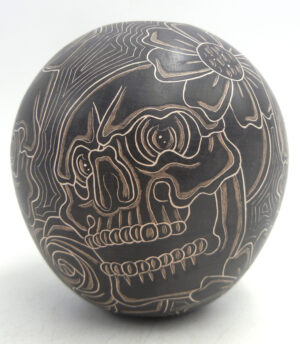 Mata Ortiz Jose A Handmade and Etched Black and Buff Skull and Flower Pattern Jar