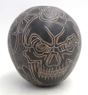 Mata Ortiz Jose A Handmade and Etched Black and Buff Skull and Flower Pattern Jar