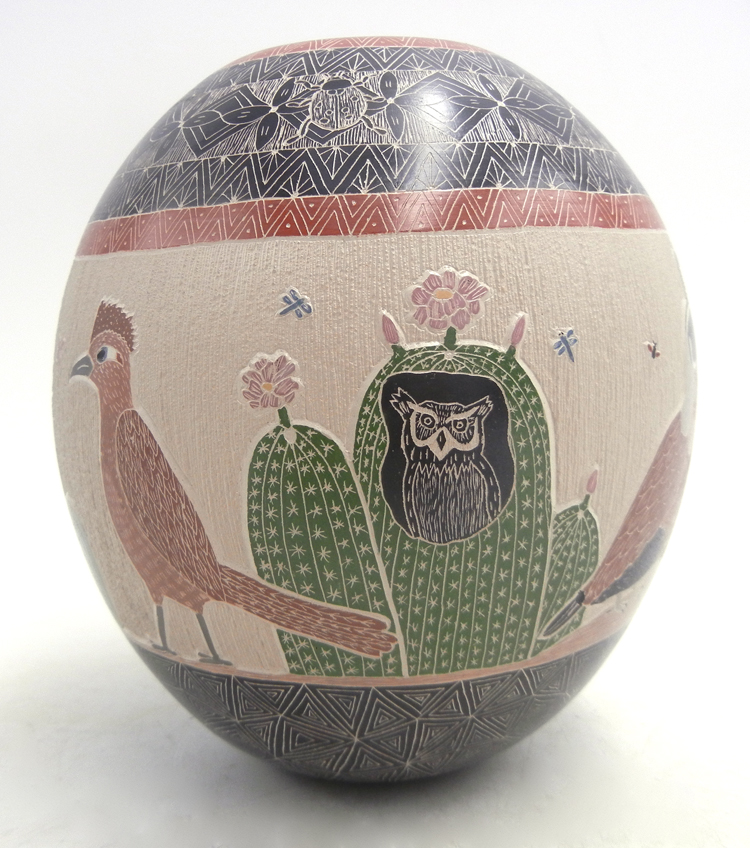 Mata Ortiz handmade, etched and painted multi-pattern jar with birds, insects and cacti by Mariela Tena