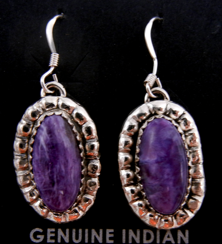 Navajo small charoite and sterling silver dangle earrings