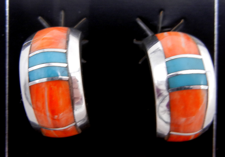 Navajo small turquoise, orange spiny oyster and sterling silver channel inlay hoop earrings by Kyle Yellowhair