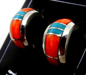 Navajo Kyle Yellowhair Small Turquoise, Orange Spiny Oyster Shell and Sterling Silver Channel Inlay Hoop Earrings