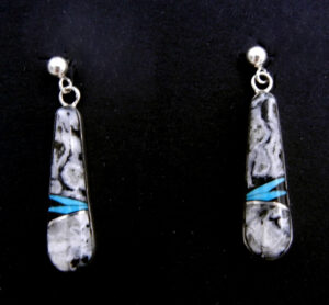 Navajo White Buffalo, turquoise, jet and sterling silver inlay post dangle earrings by Michelle Willie