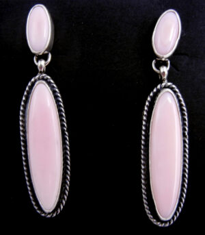 Navajo double pink conch and sterling silver post dangle earrings