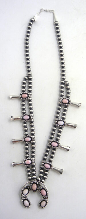 Navajo small pink conch and sterling silver squash blossom necklace