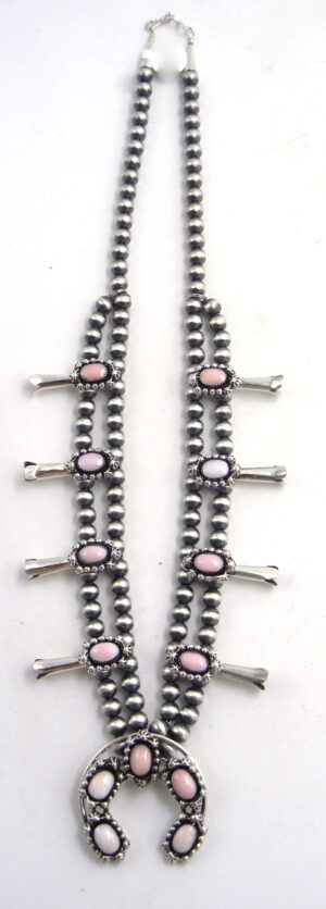 Navajo Small Pink Conch and Sterling Silver Squash Blossom Necklace