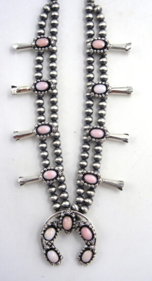 Navajo Small Pink Conch and Sterling Silver Squash Blossom Necklace