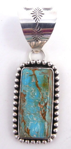 Navajo large rectangular turquoise and sterling silver pendant by Leonard and Racquel Hurley