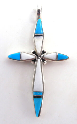 Navajo multi-stone inlay and sterling silver cross pendant