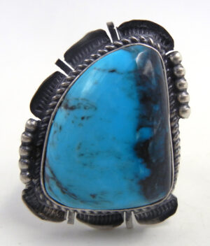 Navajo turquoise and brushed sterling silver ring by Bennie Ration