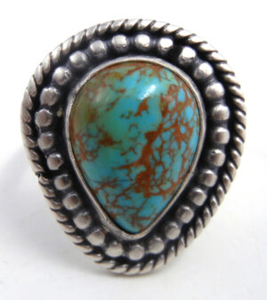 Navajo tear drop shaped turquoise and sterling silver adjustable ring