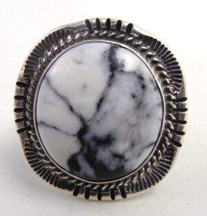 Navajo round white buffalo and sterling silver ring by Will Denetdale